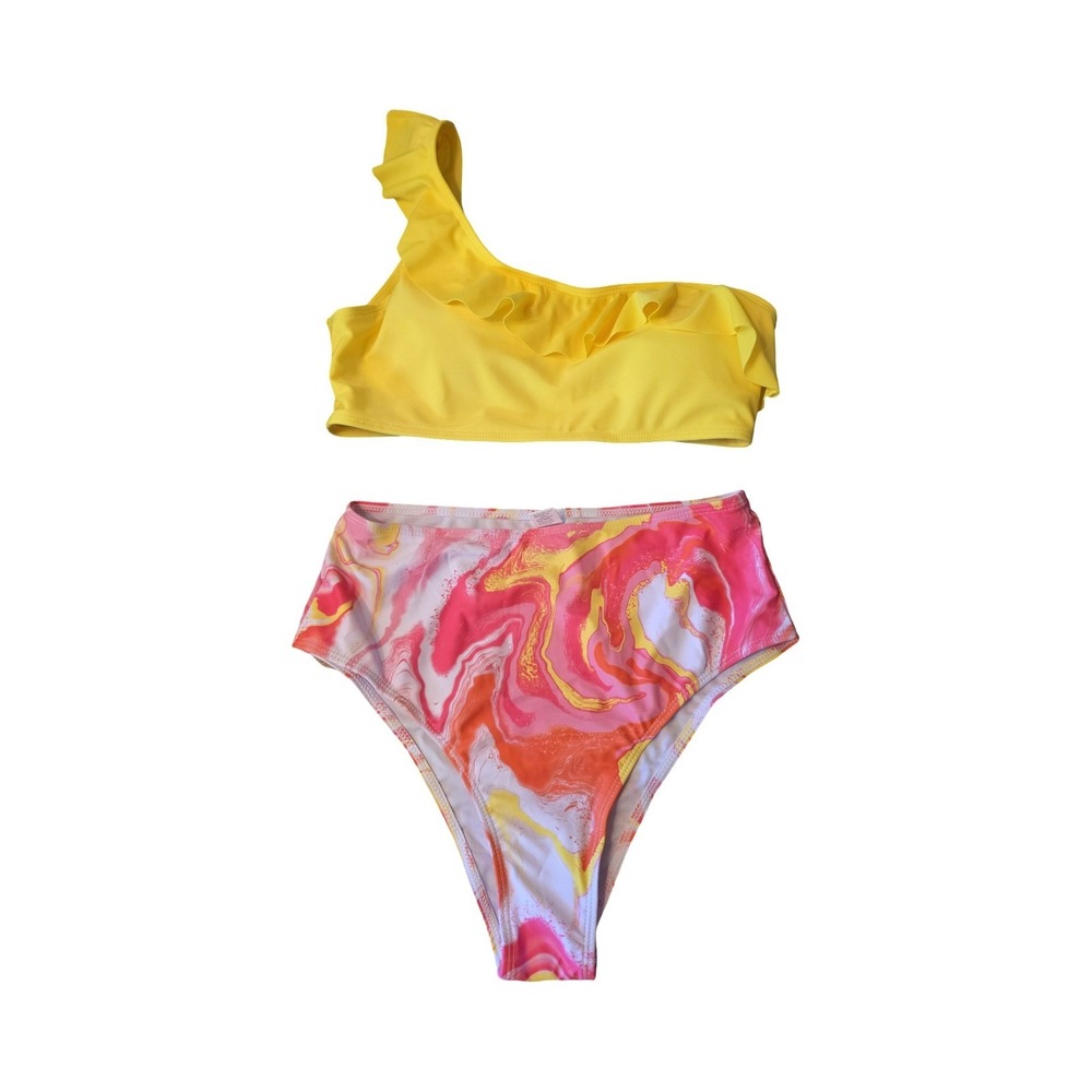 Yellow One Shoulder Ruffle Bikini Set High Waisted Marble Print Swimsuit Size M